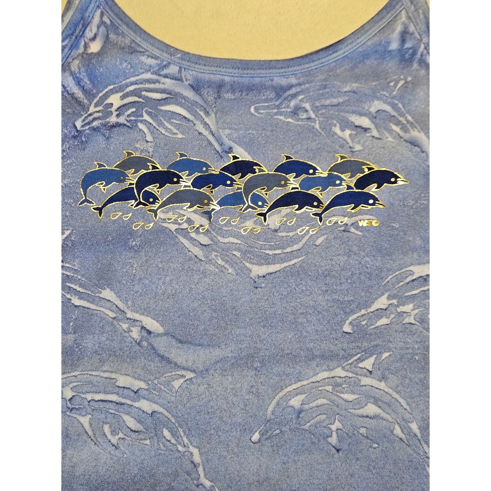 West Trend Dolphin Tank Top Women Large Blue Acid Wash Puff Print Y2K USA Whimsi